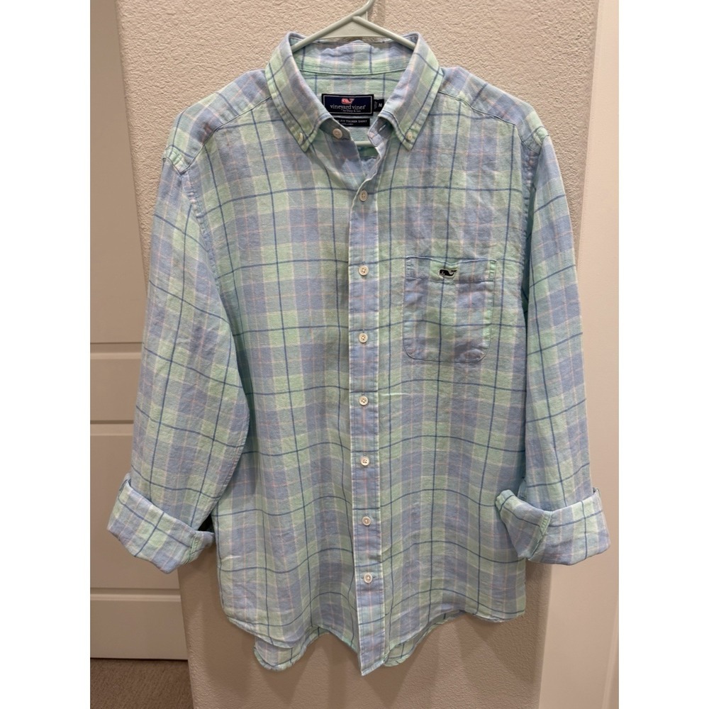 Men's Vineyard Vines Classic Fit Tucker Shirt 100% Linen Blue/Green Plaid M Prep
